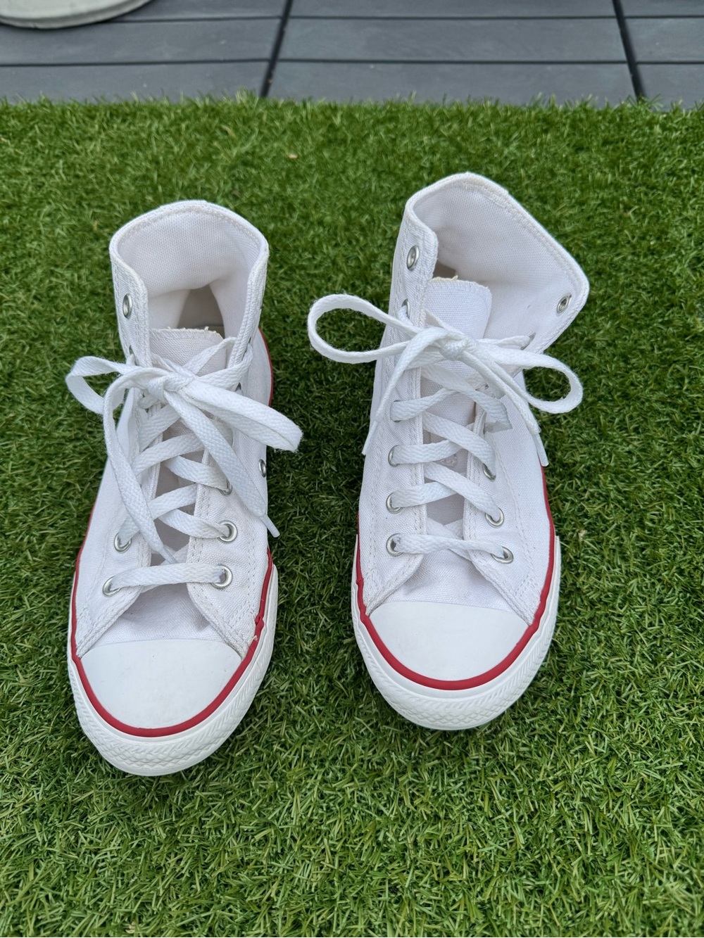 Converse Kids High-Top Canvas Sneakers in White with Red Trim